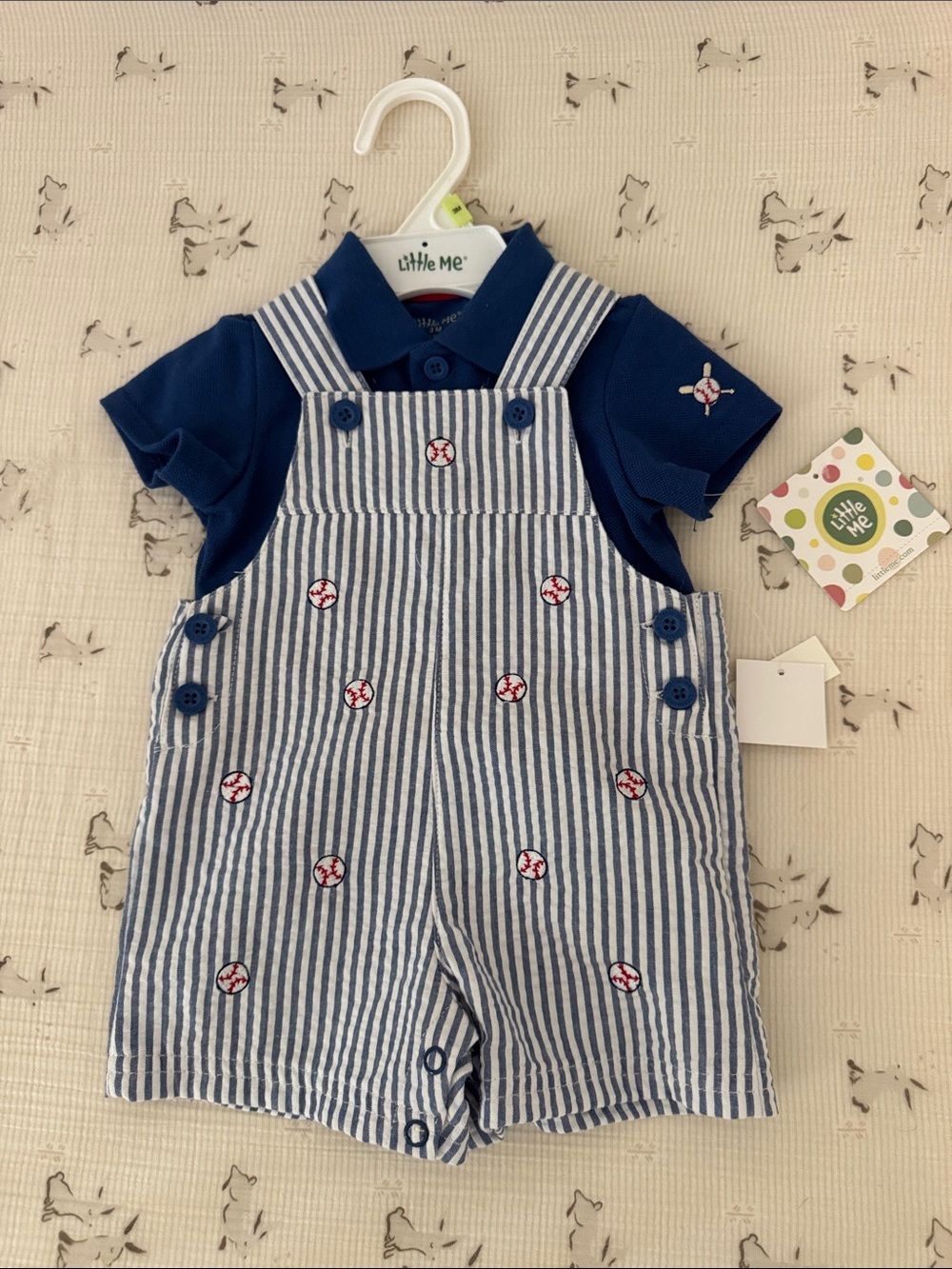 NWT Little Me Navy Polo with Blue-and-White Striped Shortall